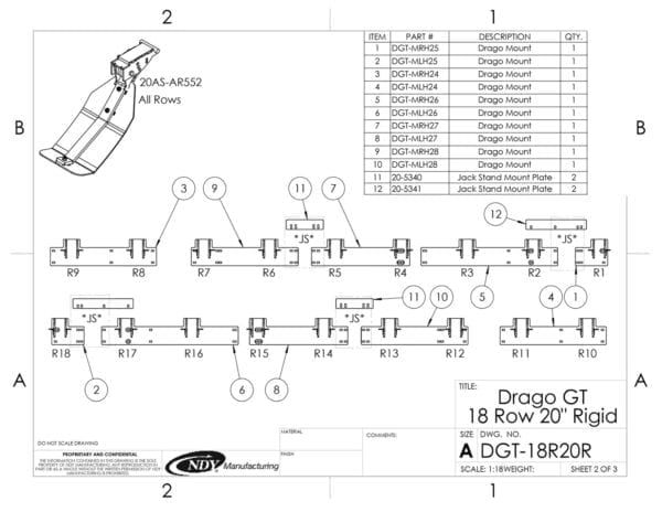 A diagram showing the parts of a Stalk Stomper for Drago GT Series 18 Row Corn Head.
