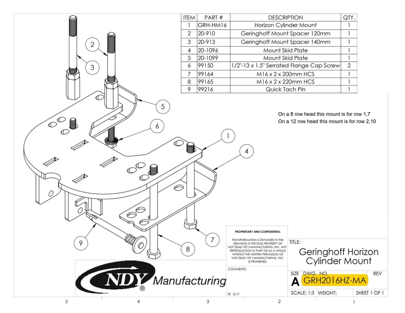 A diagram showing the parts of a Stalk Stomper Mount Assembly for Cylinder Rows on Geringhoff Horizon Corn Head.