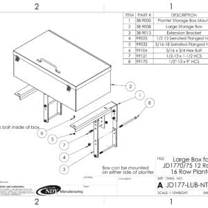 A diagram showing how to assemble a Large Utility Storage Box for 12/16 Row John Deere 1770/75 NT Planters.