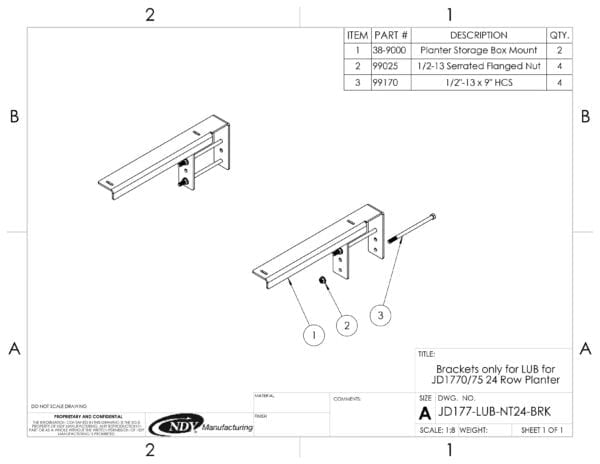 A diagram showing the parts of a Mounting Bracket Kit for Large Utility Box fits 24 Row John Deere 1770/1775 Planters with Narrow Transport.