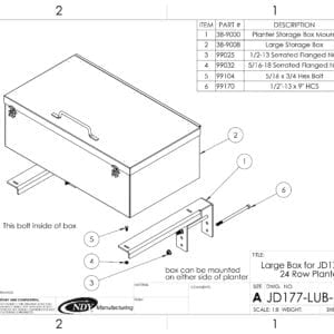 A diagram showing the installation of a Large Utility Storage Box for 24 Row John Deere 1770/1775 Planters.