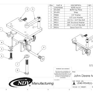 A diagram showing the parts of a Stalk Stomper Mount Assembly, Left, for John Deere 40/90 Series Corn Head.