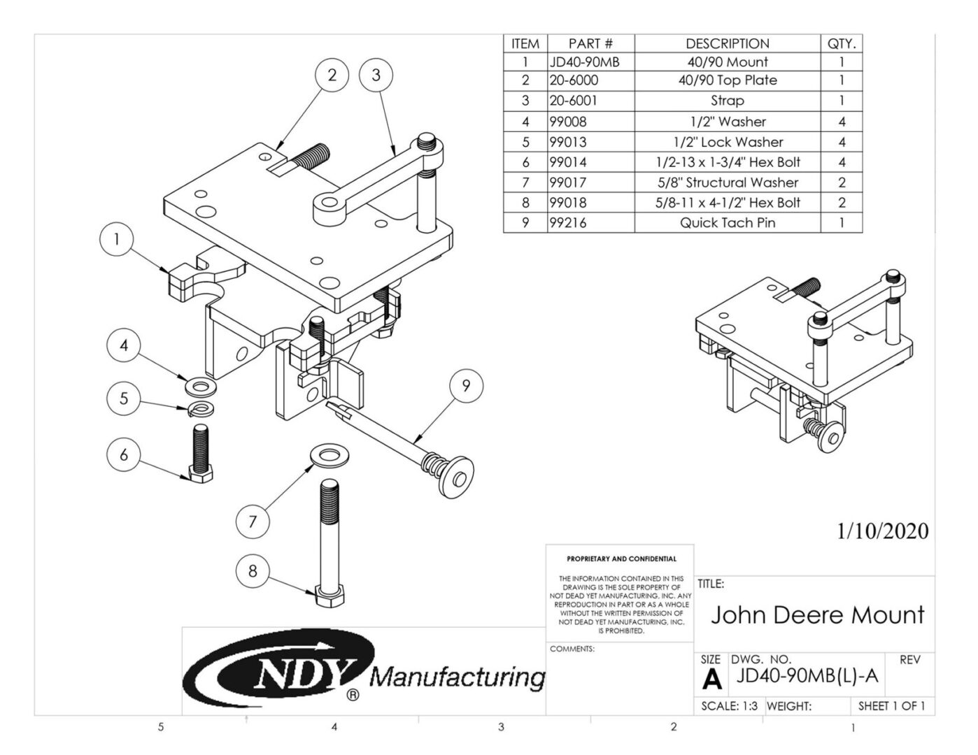 A diagram showing the parts of a Stalk Stomper Mount Assembly, Left, for John Deere 40/90 Series Corn Head.