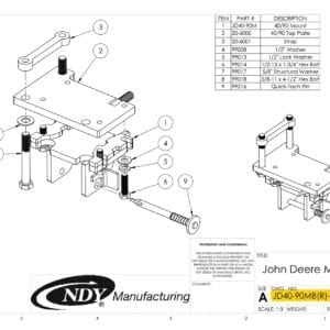 A diagram showing the parts of a Stalk Stomper Mount for Row 3 on John Deere 844/894 Series Corn Head.