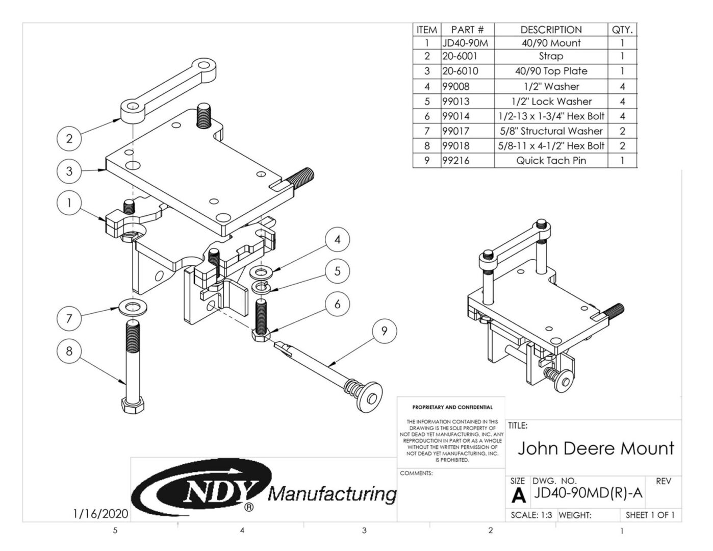 A diagram showing the parts of a Stalk Stomper Mount Assembly, Right, for John Deere 40/90 Series Corn Head.