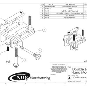 A diagram showing the parts of a Stalk Stomper Mount Assembly, Double Left, for John Deere 600/700 Series Corn Heads.
