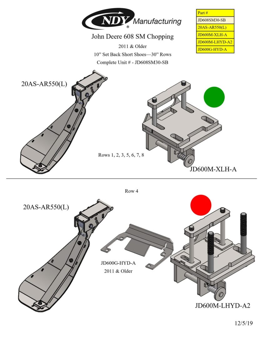 A diagram showing the different parts of a Stalk Stomper for John Deere 608 Series Chopping 30" Year 2011 and Older Corn Head machine.