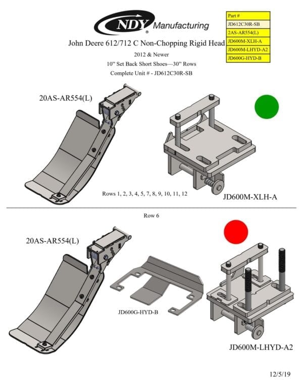 A diagram showing the different parts of a Stalk Stomper for John Deere 612/712 Series Non-Chopping 30” Year 2012 and Newer Corn Head.