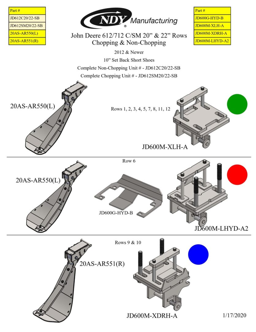 A diagram showing the different parts of a Stalk Stomper for John Deere 612/712 Series Chopping 20" and 22" Year 2012 and Newer Corn Head machine.