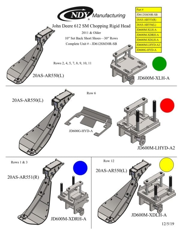 A diagram showing the different parts of the Stalk Stomper for John Deere 612 Series Rigid Chopping 30” Year 2011 and Older Corn Head.