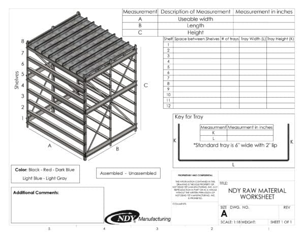 A sheet showing the measurements of a Raw Material Rack 72"W x 72"H x 36"L.