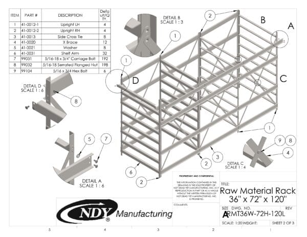 A diagram showing the parts of a Raw Material Rack 36"W x 72"H x 120"L.