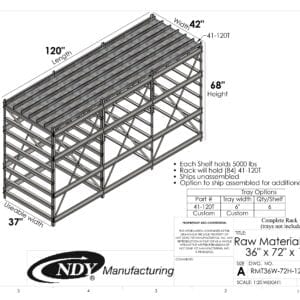 A diagram showing the dimensions of a Raw Material Rack 36"W x 72"H x 120"L.
