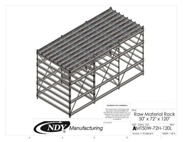 A drawing of a Raw Material Rack 50"W x 72"H x 120"L with the words nyd.
