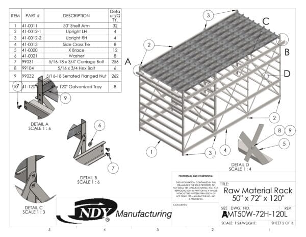 A diagram showing the parts of a Raw Material Rack 50"W x 72"H x 120"L.