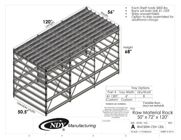 A drawing showing the dimensions of a Raw Material Rack 50"W x 72"H x 120"L steel frame.