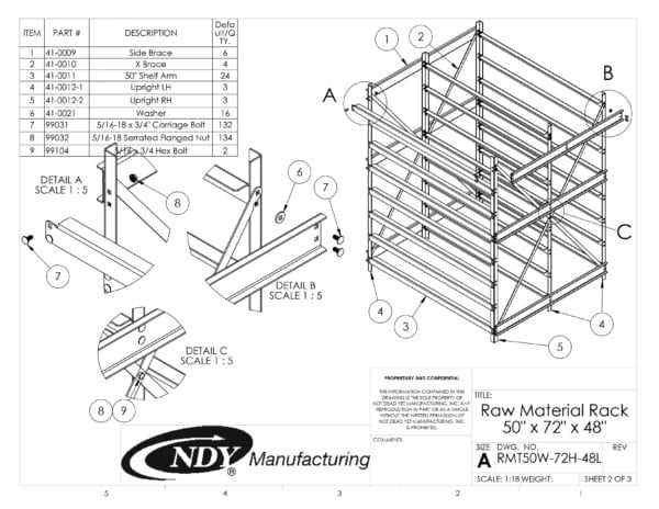A diagram showing the parts of a Raw Material Rack 50"W x 72"H x 48"L