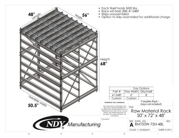 A drawing showing the dimensions of a Raw Material Rack 50"W x 72"H x 48"L.