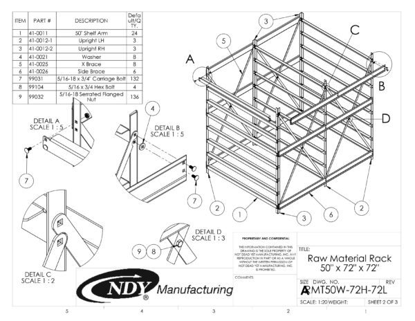 A diagram showing the parts of a Raw Material Rack 50"W x 72"H x 72"L.