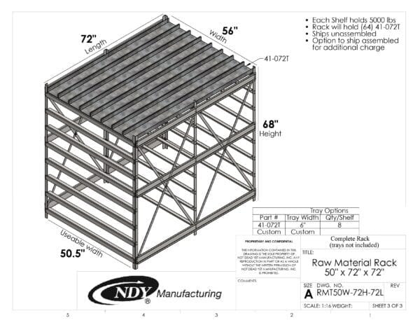 A drawing showing the dimensions of a Raw Material Rack 50"W x 72"H x 72"L steel frame.