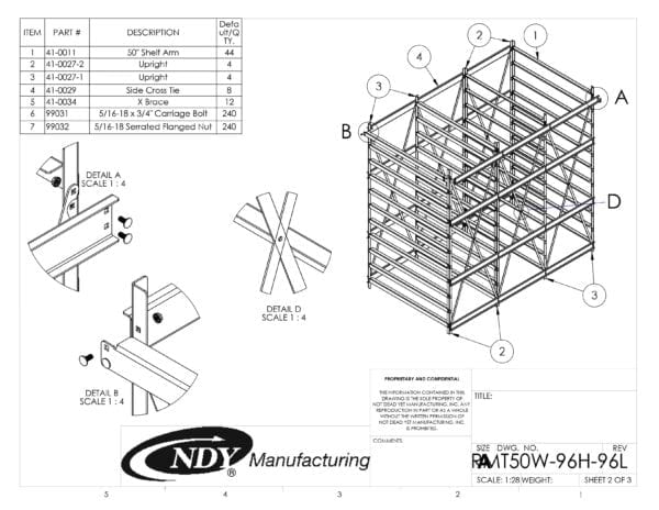 A diagram showing the parts of a Raw Material Rack 50"W x 96"H x 96"L steel frame.