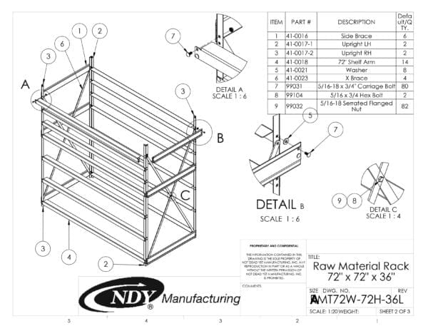 A drawing showing the parts of a Raw Material Rack 72"W x 72"H x 36"L.