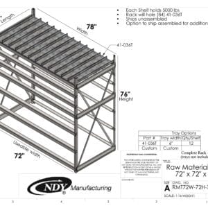 A drawing showing the dimensions of a Raw Material Rack 72"W x 72"H x 36"L.