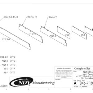 A diagram showing the parts of a Skirt Kit for John Deere 612/712 - Folding 30" Row Spacing 2012 and Newer.