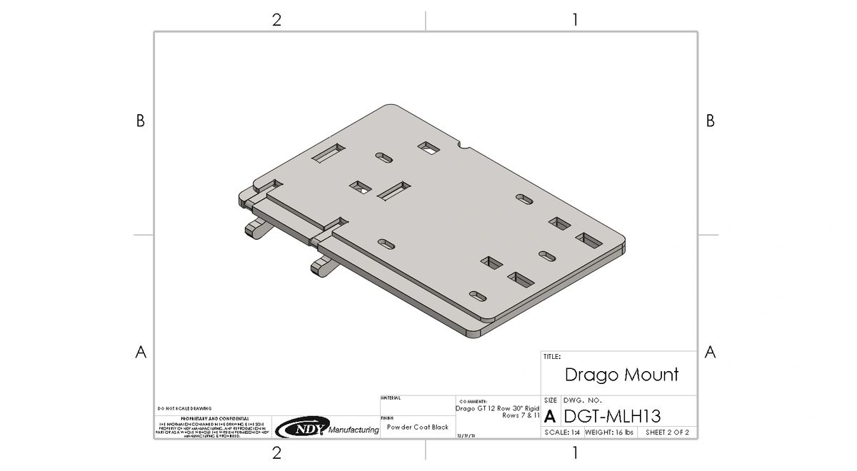A drawing of a Stalk Stomper Mount for Drago GT - Left with a label on it.