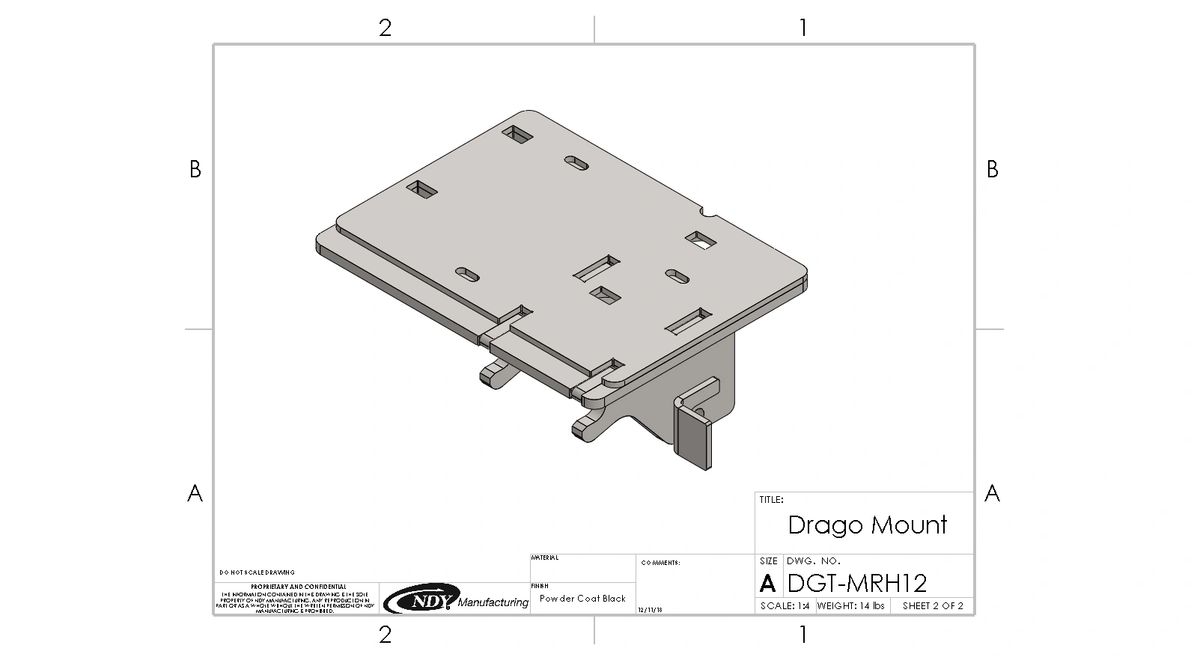 A drawing of a Stalk Stomper Mount for Drago GT - Right Hand with a piece of metal on it.