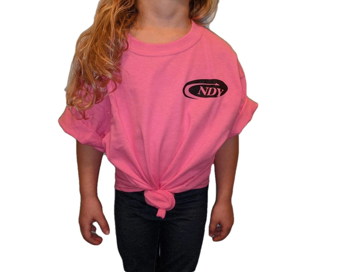 A young girl wearing the NDY Short Sleeve Children's T-shirt.