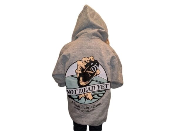 The back of a girl wearing an NDY Hooded Sweatshirt - Children's with an image of a bear.