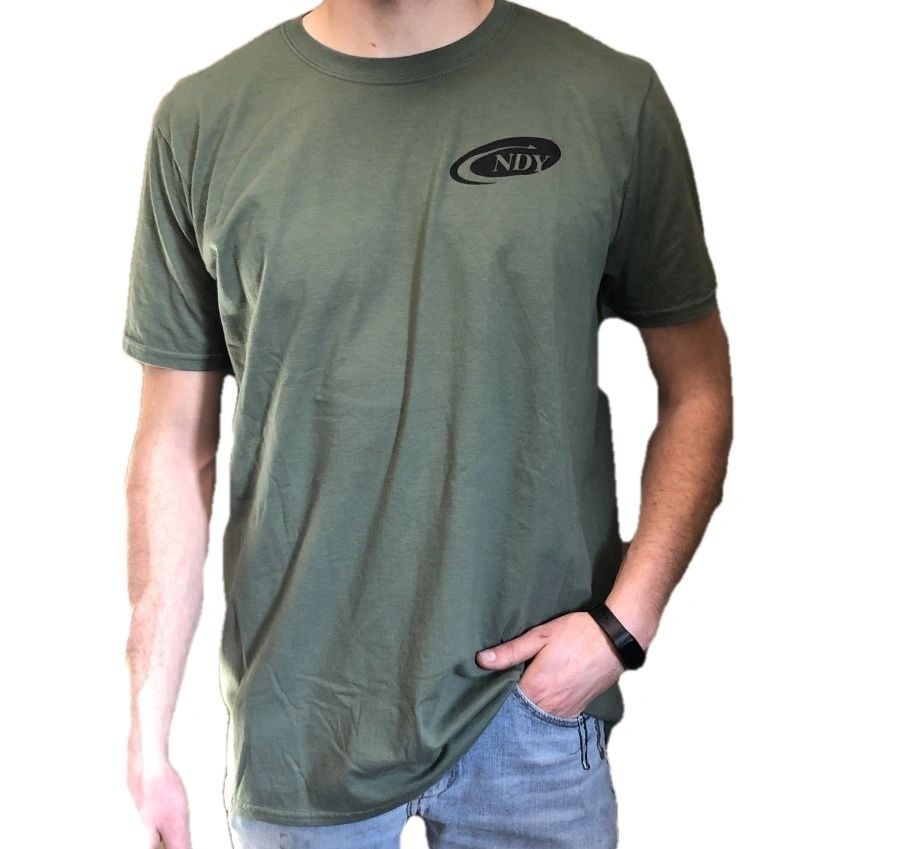 A man wearing a NDY Short Sleeve Men's T-shirt with a logo on it.