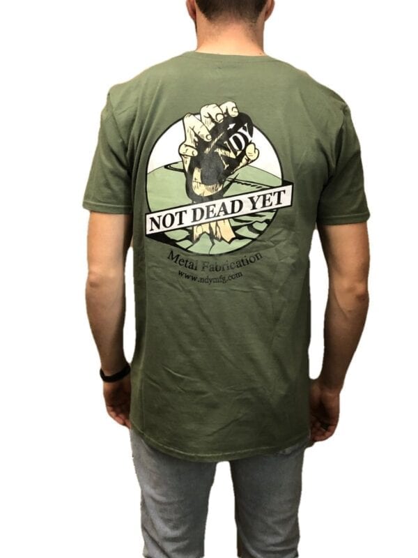 The back of a man wearing an NDY Short Sleeve Men's T-shirt that says not dead yet.