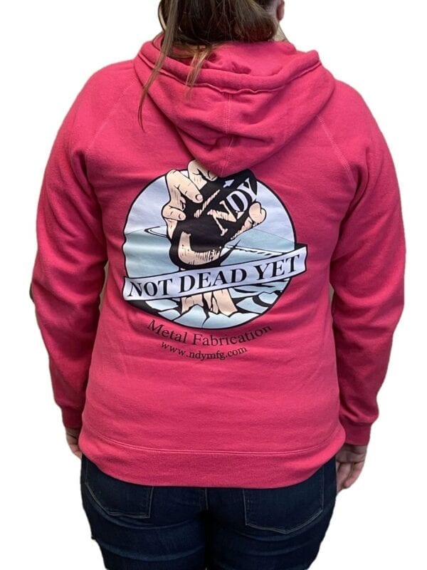 The back of a woman wearing an NDY Hooded Sweatshirt - Women's with the words not dead yet.