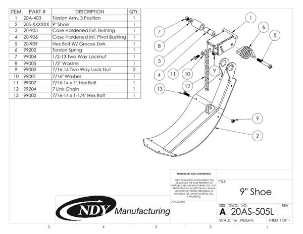 The parts diagram for the Stalk Stomper, Left, Arm and Shoe Assembly - Welded manufacturing shoe.