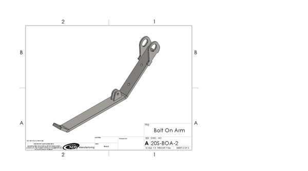 A drawing of a Stalk Stomper Bolt On Arm - Long Shoe with Chain.