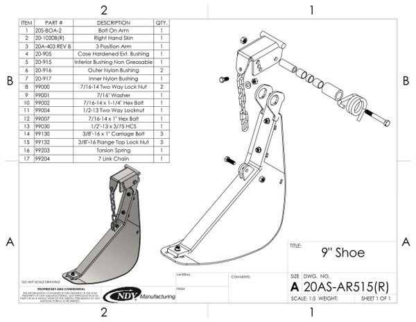A diagram showing the parts of a Stalk Stomper, Right, Arm and Shoe Assembly with Chain.