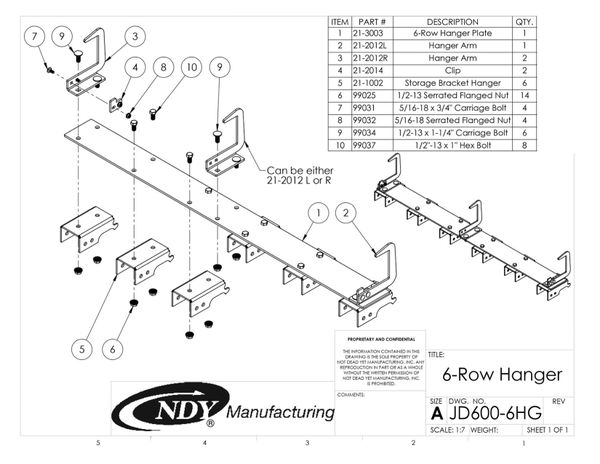 A diagram showing the parts of the Stalk Stomper Storage Hanger for John Deere 600/700 Series - 6 Row.