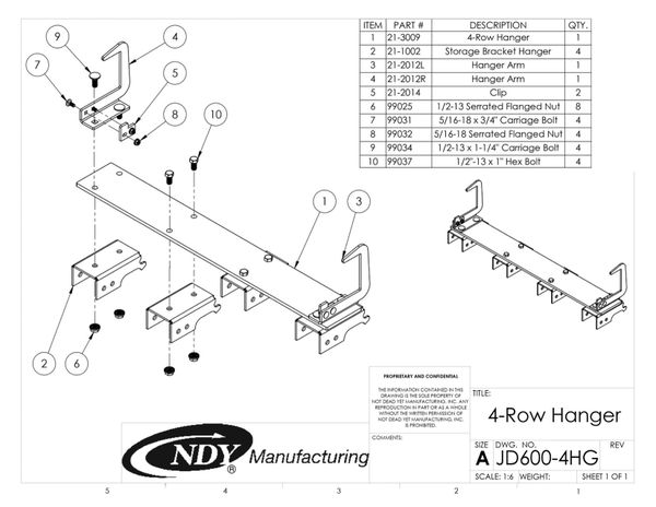 A diagram showing the parts of a Stalk Stomper Storage Hanger for John Deere 600/700 Series - 4 Row.