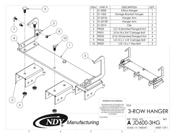 A diagram showing the parts of the Stalk Stomper Storage Hanger for John Deere 600/700 Series - 3 Row.