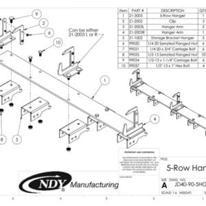 A diagram showing the parts of a Stalk Stomper Storage Hanger for John Deere 40/90 Series - 5 Row.