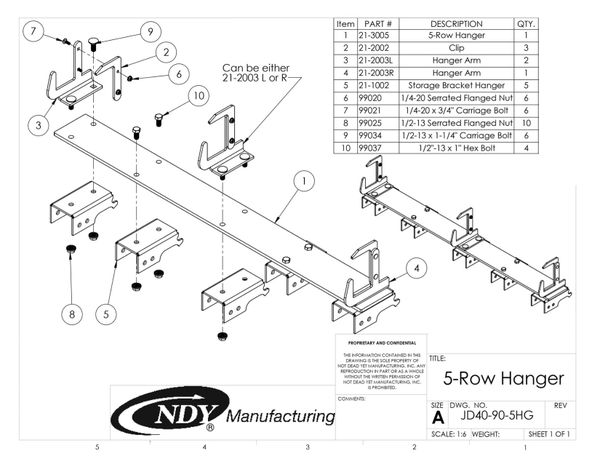 A diagram showing the parts of a Stalk Stomper Storage Hanger for John Deere 40/90 Series - 5 Row.