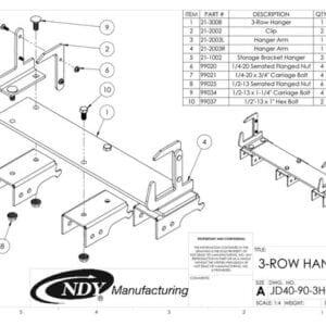 A diagram showing the parts of a Stalk Stomper Storage Hanger for John Deere 40/90 Series - 3 Row.