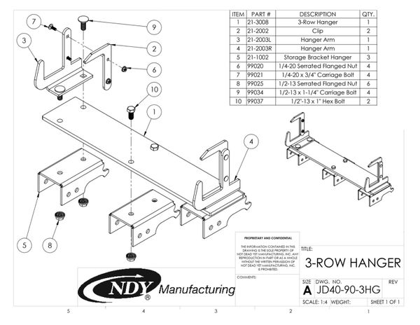 A diagram showing the parts of a Stalk Stomper Storage Hanger for John Deere 40/90 Series - 3 Row.