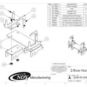 A diagram showing the parts of a Stalk Stomper Storage Hanger for John Deere 40/90 Series - 2 Row.