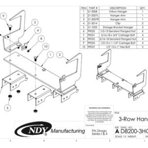 A diagram showing the parts of the Stalk Stomper Storage Hanger for Drago Series I and Series II - 3 Row.