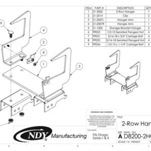 A diagram showing the parts of a Stalk Stomper Storage Hanger for Drago Series I and Series II - 2 Row.