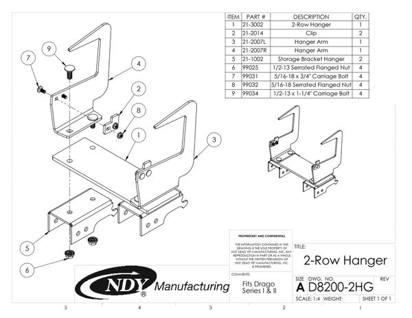 A diagram showing the parts of a Stalk Stomper Storage Hanger for Drago Series I and Series II - 2 Row.