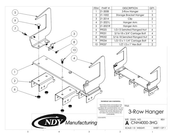A diagram showing the parts of a Stalk Stomper Storage Hanger for Case 4000 Series - 3 Row.